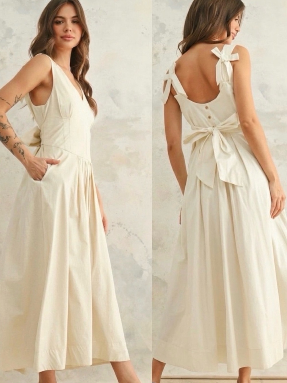 Miou Muse Cream Midi Dress with Tie Back